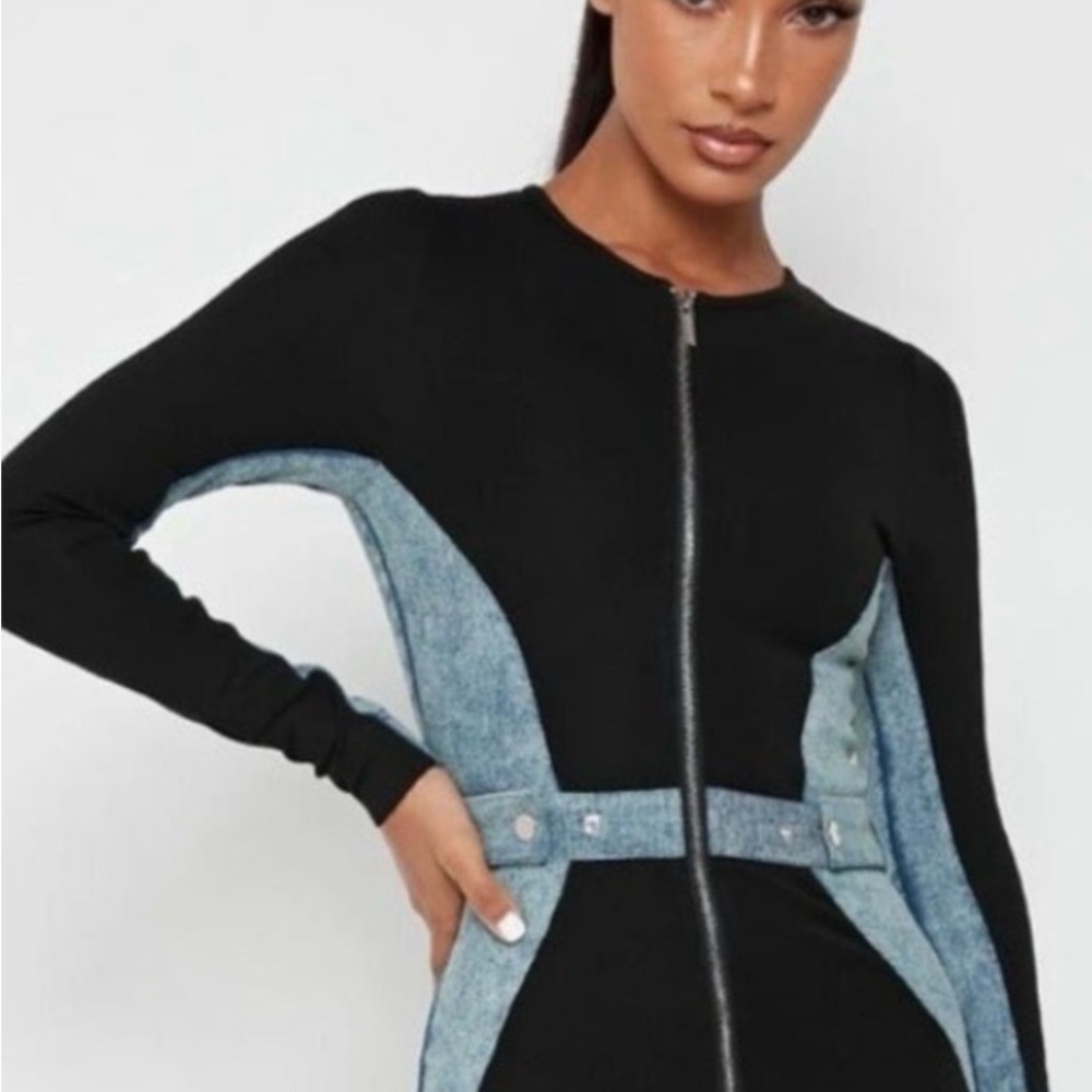 Maniere De Voir Black and Denim Contrast Mini Dress